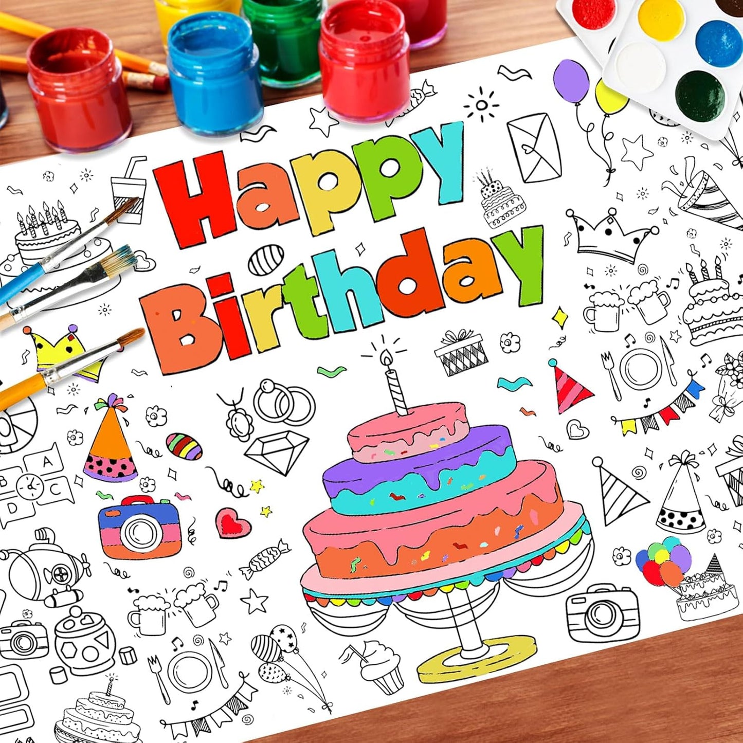 Happy Birthday Giant Coloring Tablecloth Poster for Kids,30x72Inch DIY Art Activity Birthday Drawing Paper Coloring Tablecloth Poster Table Cover Mat Home Classroom Birthday Party Suppiles