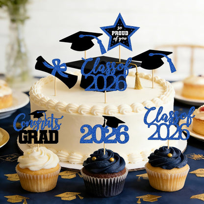 48 PCS Graduation Cupcake Toppers, Glittery 6 Styles Congrats Grad Cake Topper, Black and Red Graduation Decorations 2026, Cap and Diploma Cake Picks for Grad Party Supplies