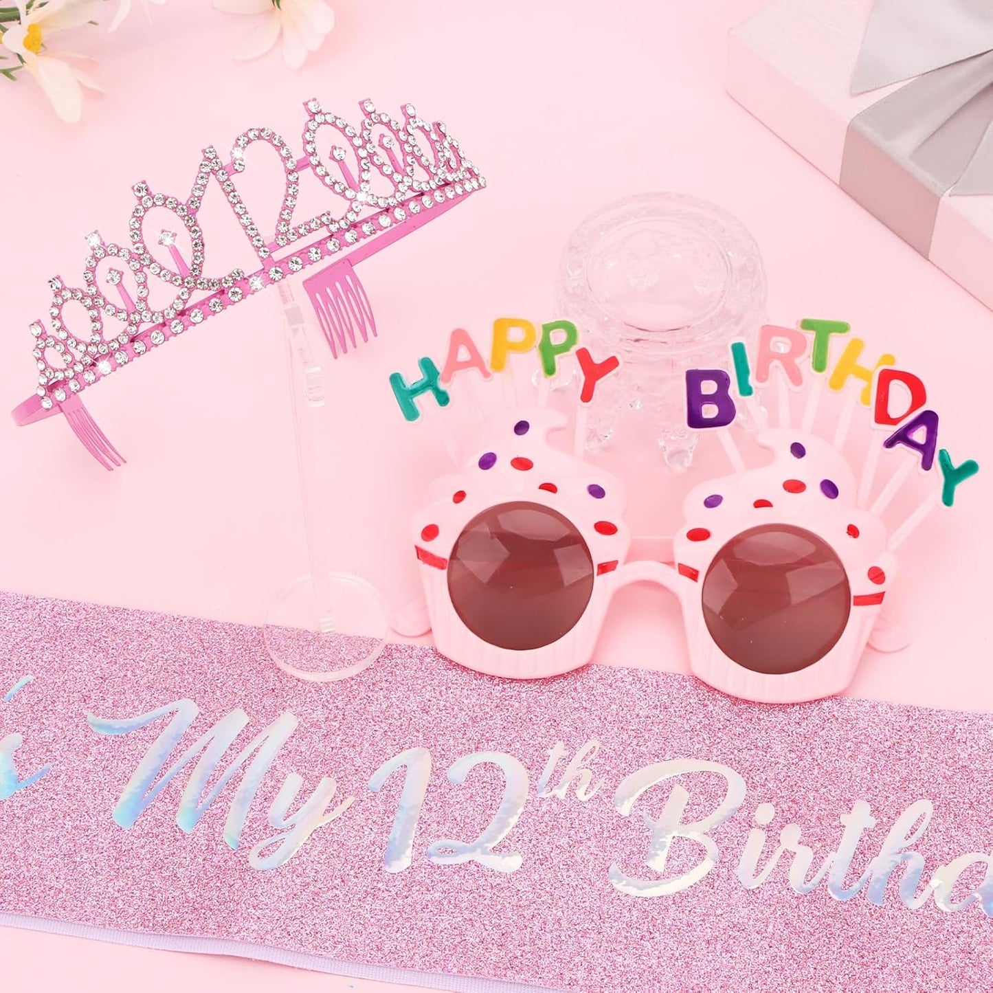 YARIEW 3rd Birthday Decorations, 3rd Glitter Purple Sash and Crown Kit with Happy Birthday Sunglasses, Tiara Princess Crown and Sash Party Outfit Accessory