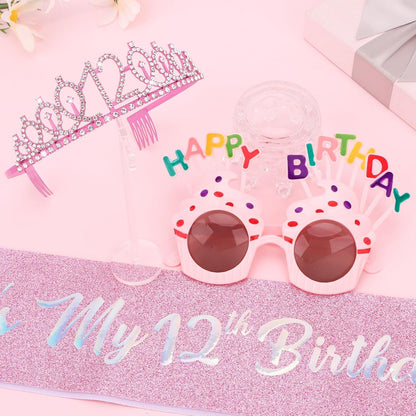 YARIEW 3rd Birthday Decorations, 3rd Glitter Purple Sash and Crown Kit with Happy Birthday Sunglasses, Tiara Princess Crown and Sash Party Outfit Accessory