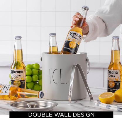 Rae Dunn Ice Bucket with Scoop - Stainless Steel Bucket with Handle, Lid and Ice Scooper - 4 Qt. Storage Bin for Ice Cubes for Bars, Parties, Backyard Barbeques, Picnics, and Camping (Sage)