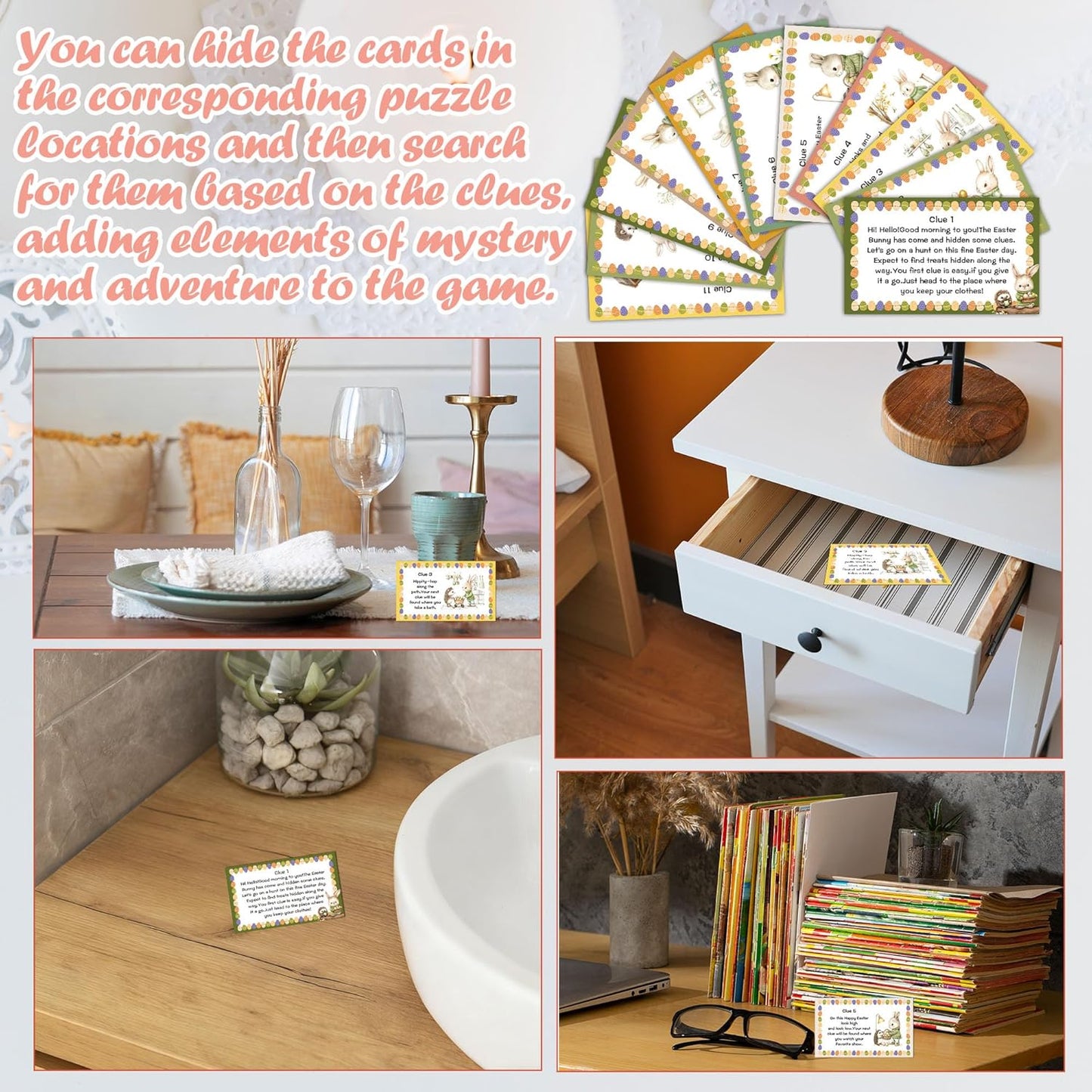 Rainfly Easter Scavenger Hunt, Indoor Clue Card Games, Bunny Treasure Hunt Clues Cards, Easter Party Games for Family Adults, Holiday Party Activities Supplies (16 Clues Cards With Envelopes) -A01