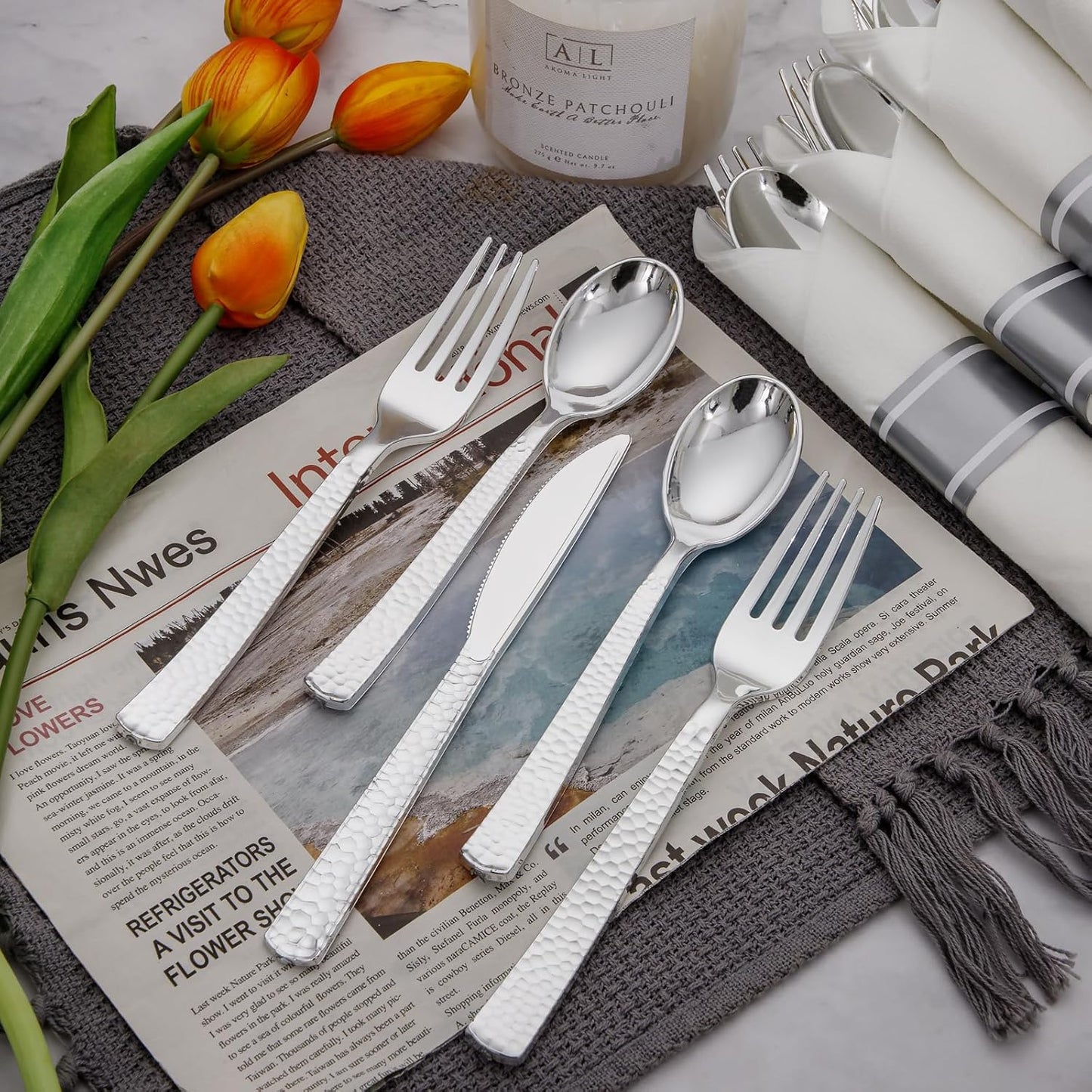 Supernal 180Pcs Silver Plastic Silverware Set, Elegant Hammered Design Heavy Duty Disposable Cutlery, Includes 60 Forks, 60 Knives, 60 Spoons,Silver Plastic Utensils for Wedding, Parties,Events