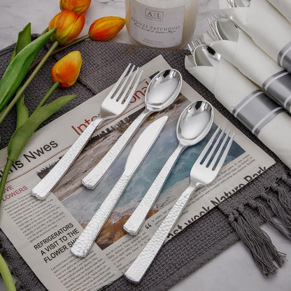Supernal 180Pcs Silver Plastic Silverware Set, Elegant Hammered Design Heavy Duty Disposable Cutlery, Includes 60 Forks, 60 Knives, 60 Spoons,Silver Plastic Utensils for Wedding, Parties,Events