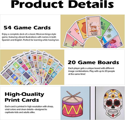 Mexican Bingo Games in Spanish English for 20 Players,Millennial Bilingual Puerto Rico Game Cards,Baraja Mexicana Juegos para Baby Shower,Schools,Cinco de Mayo and Mexican Party