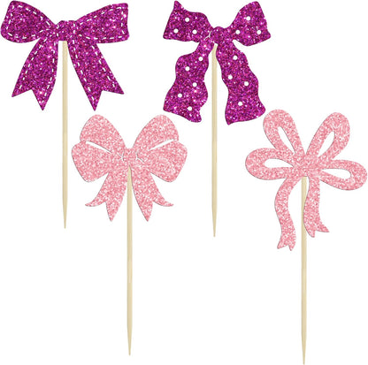 Ephlyn 24Pcs Pink Bow Cupcake Toppers Bow Birthday Cake Topper Girls Birthday Party Decorations Bowknot Cupcake Decorations for Bridal Wedding Themed Party Multi