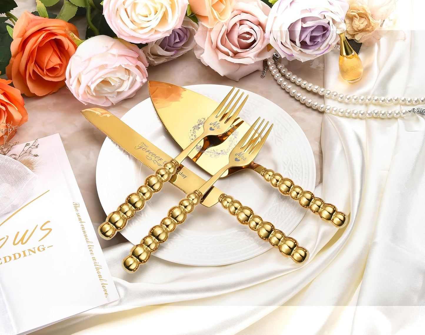 Wedding Cake Knife and Server Set, Gold Ceramic Pearl Handle Cake Cutting Set for Weddings, Engagements, Anniversaries, and Engagement Gifts for Couples