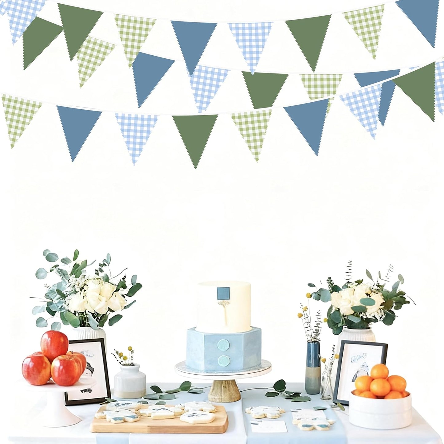 32Ft Dusty Blue Party Decorations Retro Blue Gingham Triangle Banner Flag Pennant Fabric Garland Streamers for Nautical Wedding Birthday Ahoy Achor Bridal Baby Shower Under The Sea Decor Supplies