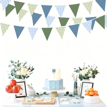 32Ft Dusty Blue Party Decorations Retro Blue Gingham Triangle Banner Flag Pennant Fabric Garland Streamers for Nautical Wedding Birthday Ahoy Achor Bridal Baby Shower Under The Sea Decor Supplies