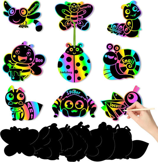 HubirdSall 63Pcs Spring Bugs Scratch Bookmarks for Kids Summer Insect Magic Art Color Craft Kit for School Classroom DIY Activity Art Project Party Favor Hanging Gift Tag