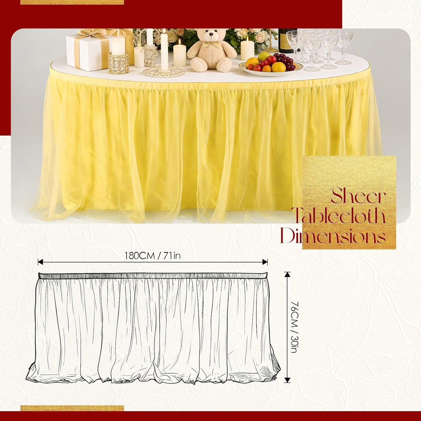 THARAHT Tulle Table Skirt 6FT 180CM Long for Rectangle Tables Round Tables Ruffle Desk Skirt for Princess Girls Birthday Party Cake Dessert Decorations Table Skirt