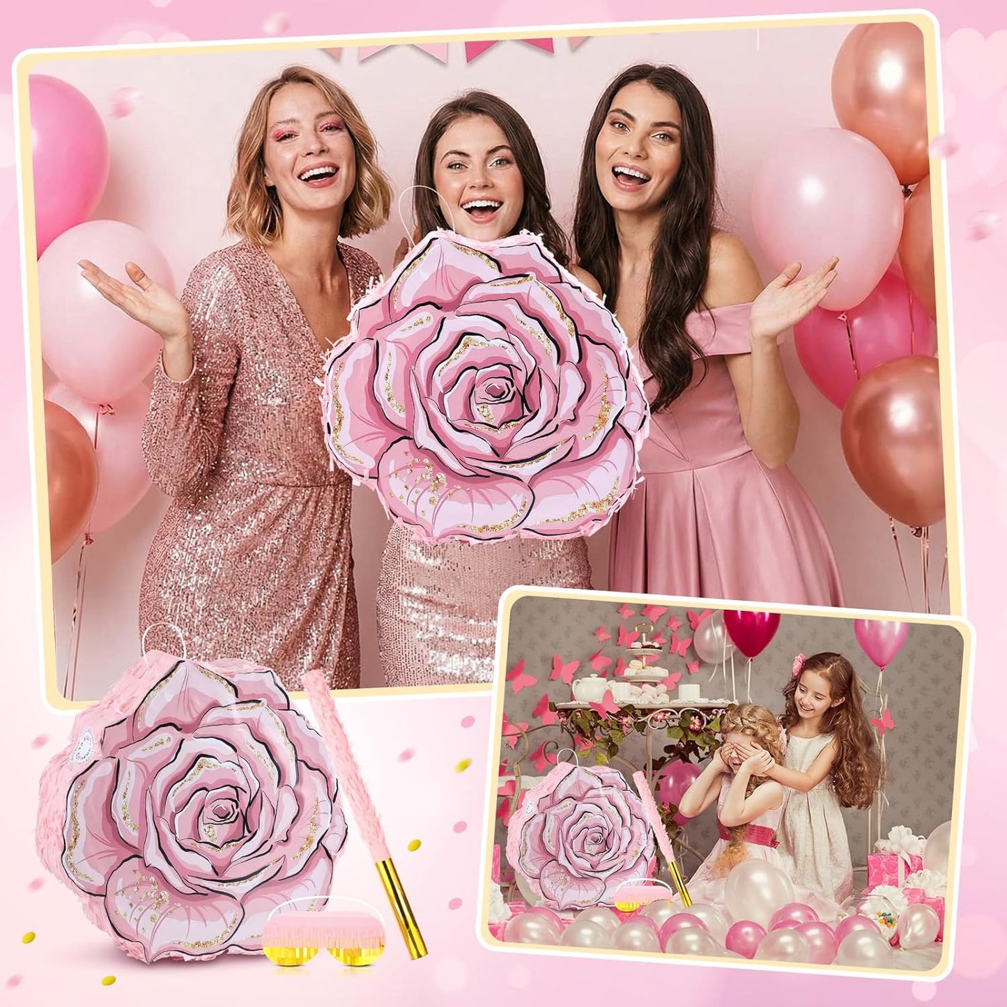 Pink Flower Piñata Set with Blindfold Bat and Confetti Floral Piñata Girls Party Game for Graduation Birthday Baby Shower Gender Reveal Wedding Party (13.78 x 12.99 Inches)