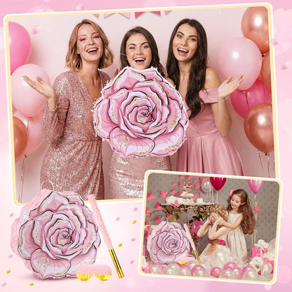 Pink Flower Piñata Set with Blindfold Bat and Confetti Floral Piñata Girls Party Game for Graduation Birthday Baby Shower Gender Reveal Wedding Party (13.78 x 12.99 Inches)