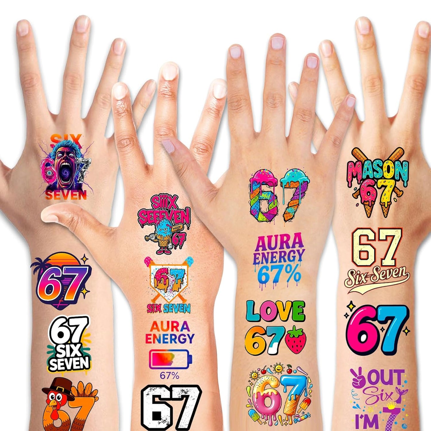 Konsait 40 Pcs Single Sheet Six Seven 67 Temporary Tattoos 67 Decorations Tattoos Stickers Party Supplies for 6 7 Party Favors and 6 7 Birthday Decorations