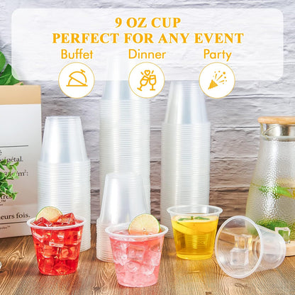 Lilymicky 300 Pack 9 oz Disposable Clear Plastic Cups, 9 Ounce Party Cups for Cocktail, Parties, Picnics, and Events