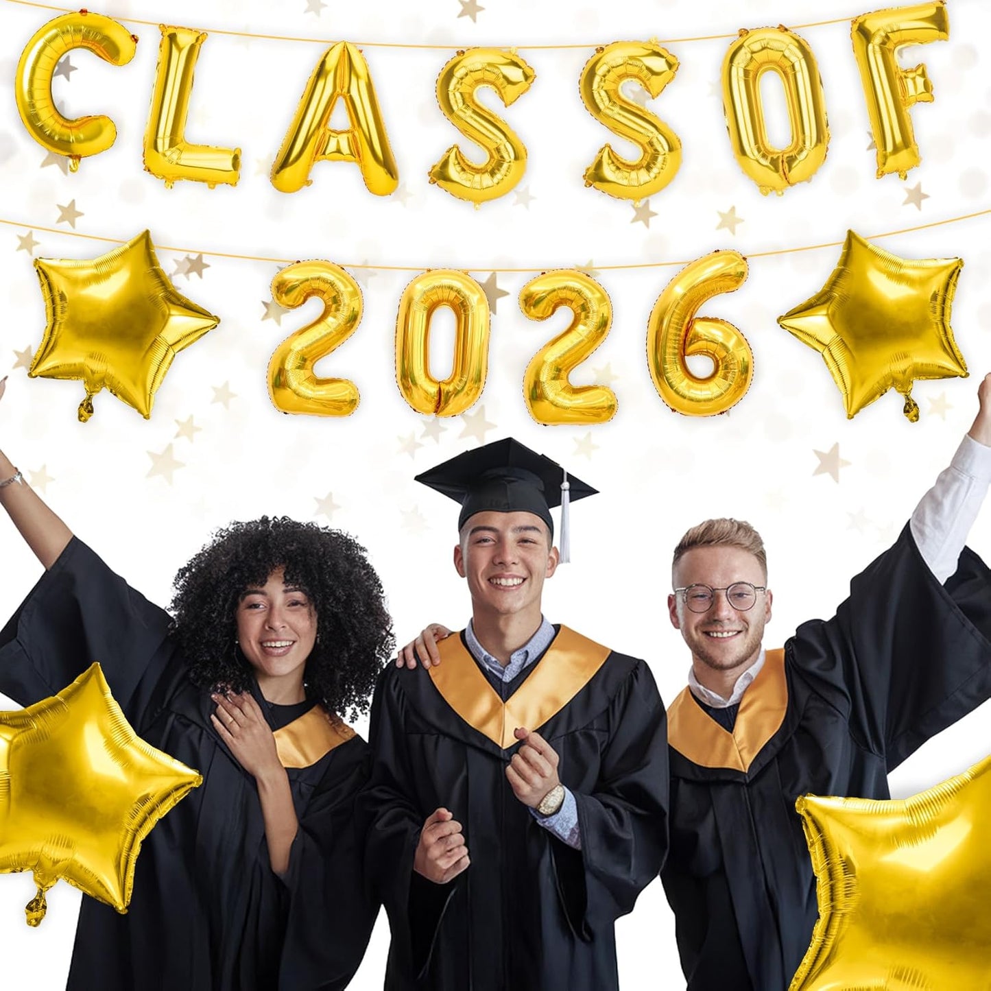 Graduation Balloons, Class of 2026 Balloons, 16Inch Gold Grad Class of 2026 Letters Foil Balloon Sign with Star Balloons, Class of 2026 Decorations for High School College Graduation Party Decorations
