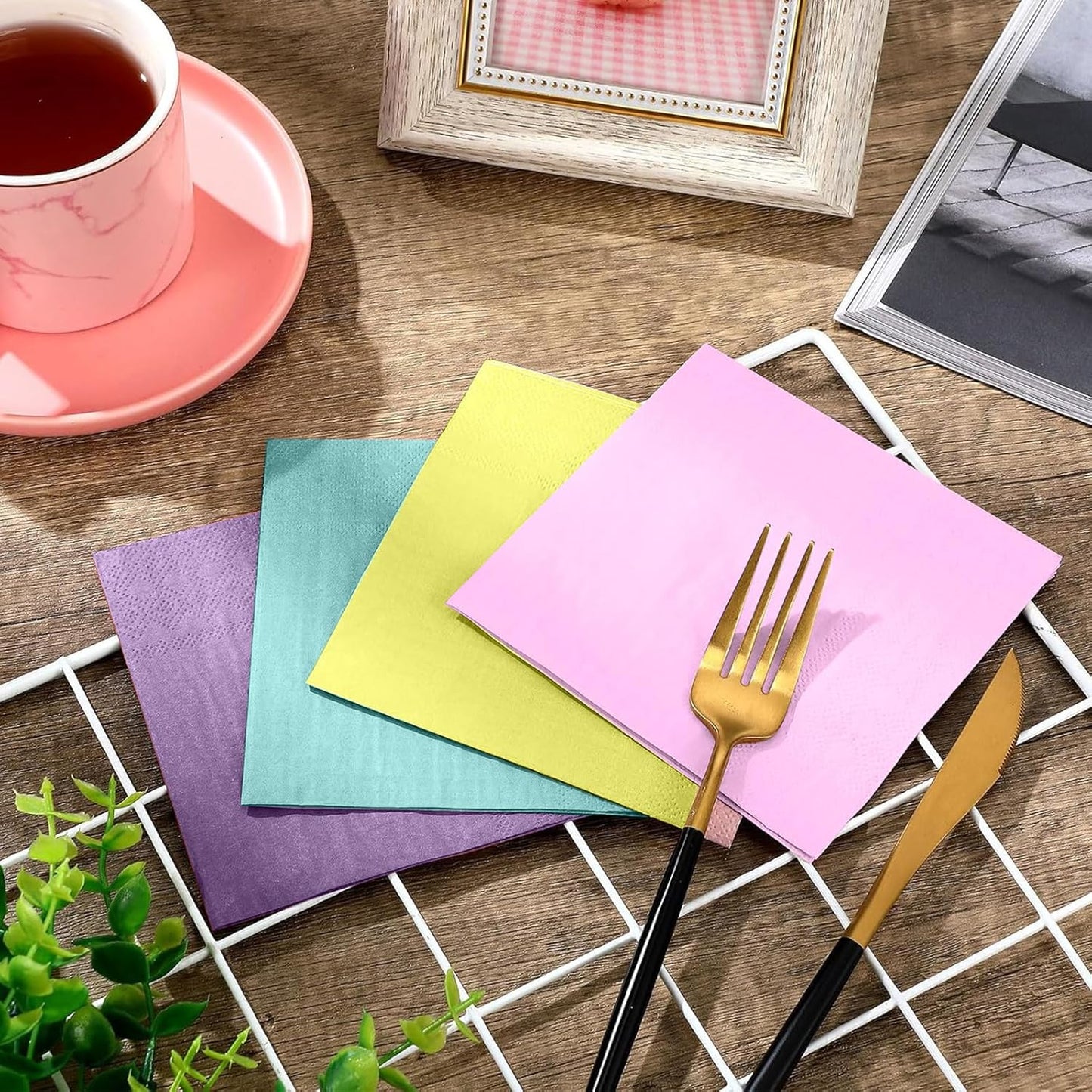 Layhit 100 Pcs Cocktail Napkins Disposable Beverage Napkins Square Paper Dessert Tissue for Wedding Birthday Celebration Party Supplies(Brown Series,5 x 5 Inch)