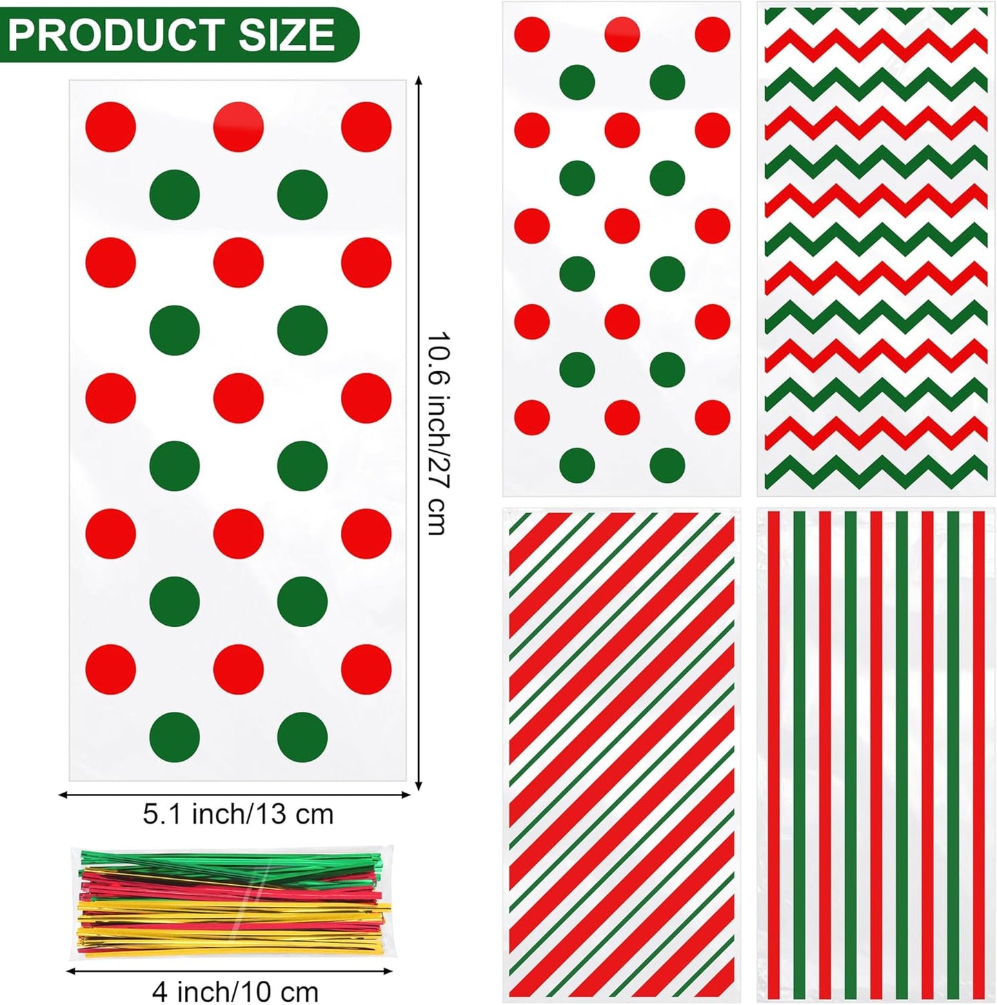 Aodaer 100 Pieces 10.6 x 5.1 In White Cellophane Bags Plastic Candy Gift Bag Cellophane Treat Bags with Twist Ties Stripes Polka Dot Printed Pattern Goodie Bag for Birthday Weddings Party Favors