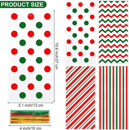 Aodaer 100 Pieces 10.6 x 5.1 In White Cellophane Bags Plastic Candy Gift Bag Cellophane Treat Bags with Twist Ties Stripes Polka Dot Printed Pattern Goodie Bag for Birthday Weddings Party Favors