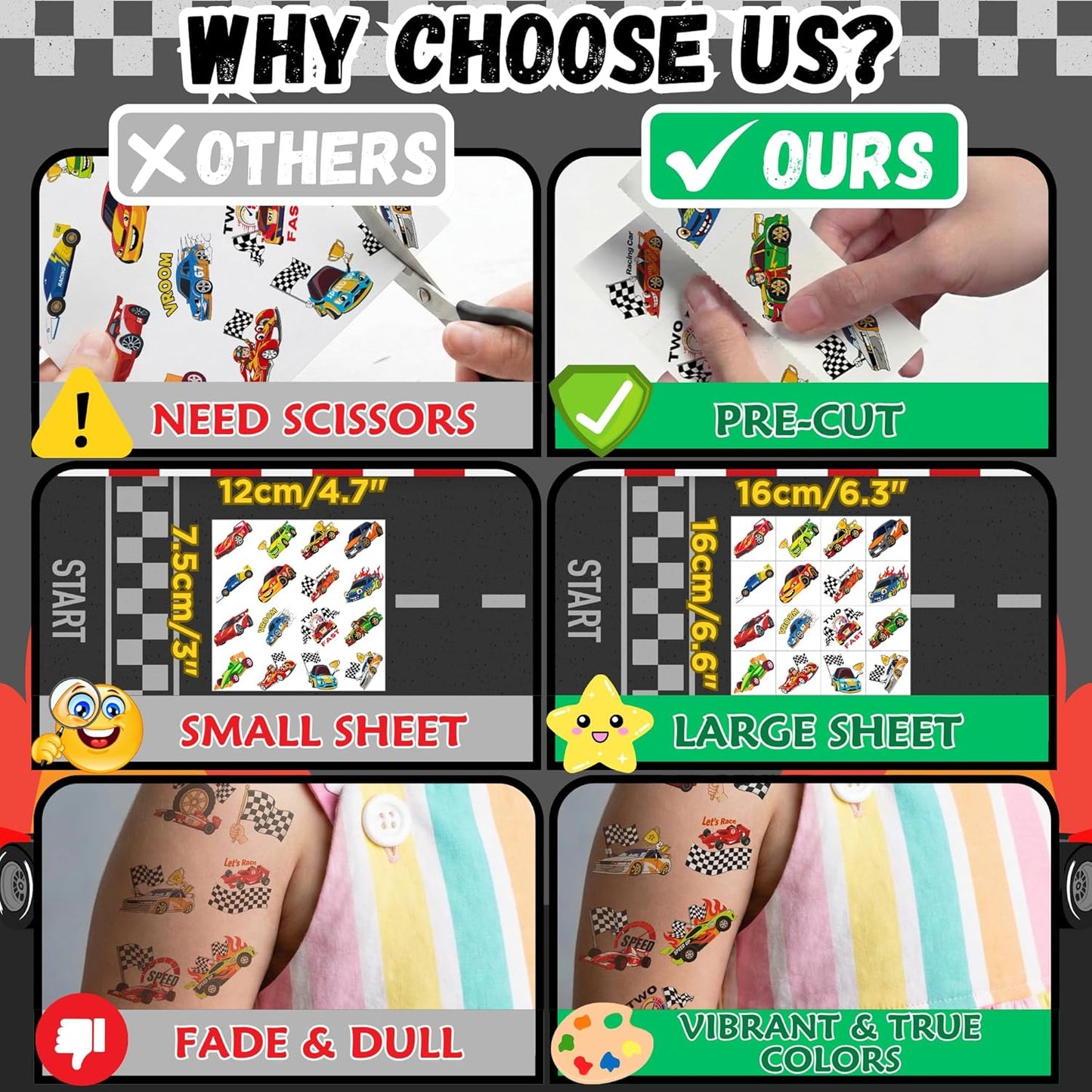 96PCS Racing Car Temporary Tattoos Stickers - Sport Racing Car Birthday Party Favors Themed Birthday Party Decorations Accessories Supplies Gift Idea For Kids Teens Adult Classroom Prizes Rewards
