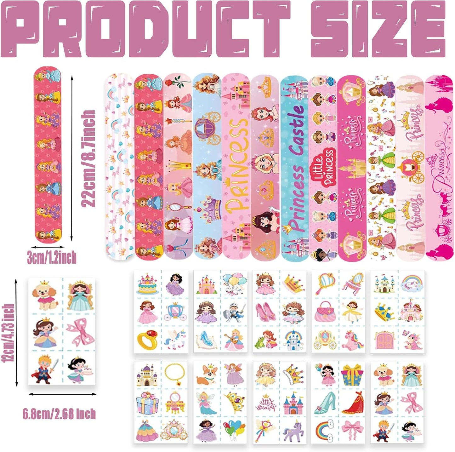 84 pcs Princess Birthday Party Supplies Favors, 24PCS Slap Bracelets and 60PCS Pre-Cut Temporary Tattoos, Goodie Bag Stuffers, Princess Celebrations Party Supplies