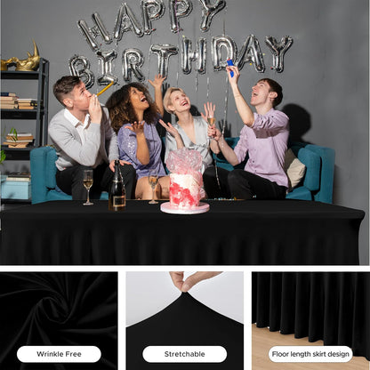 HolidayIdeas 2 Pack Spandex Table Skirt for 6 Ft Rectangle Tables, Black Fitted Stretch Tablecloth 30 x 72 Inch, Wrinkle Resistant Ruffle Design for Wedding Banquets, Trade Shows, Parties