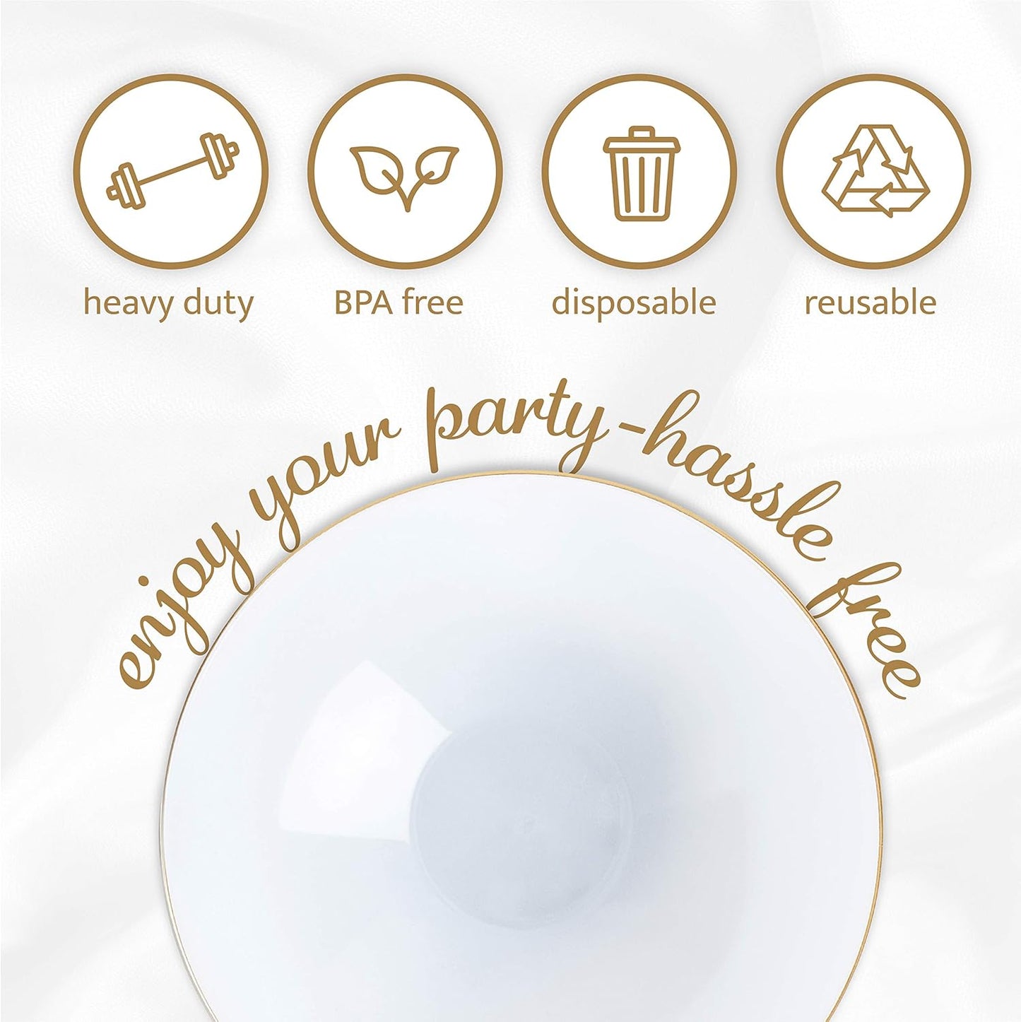 PLASTICPRO [16 OZ 20 Count] White Plastic Floral Design Party Soup bowls With Gold Rim Premium heavyweight Elegant Disposable Tableware Dishes