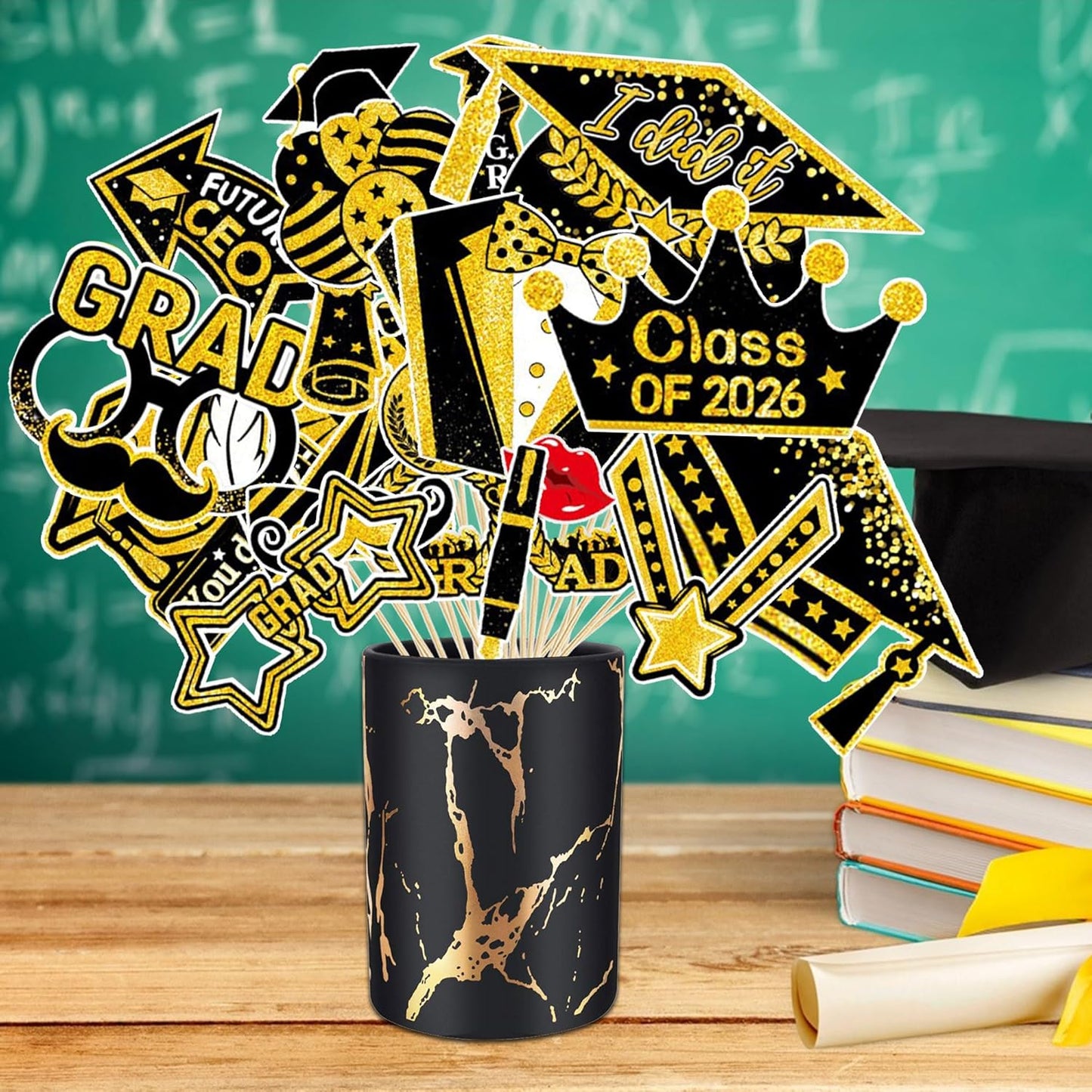 2026 Graduation Photo Booth Props & Selfie Frame Set, 30Pcs Black Gold Congrats Grad Party Photo Props with 1Pc Selfie Frame for Class of 2026 Graduation Decorations Party Supplies Gifts