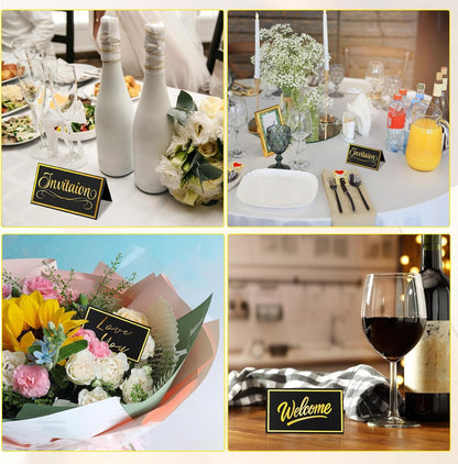 25 Pcs Place Cards for Table Setting - 2'' x 3.5'' Black with Gold foil Trim Table Place Cards - Folded Table Tents Card Name Cards for Food Buffet, Wedding, Bakery Banquet, Party, Events Celebration
