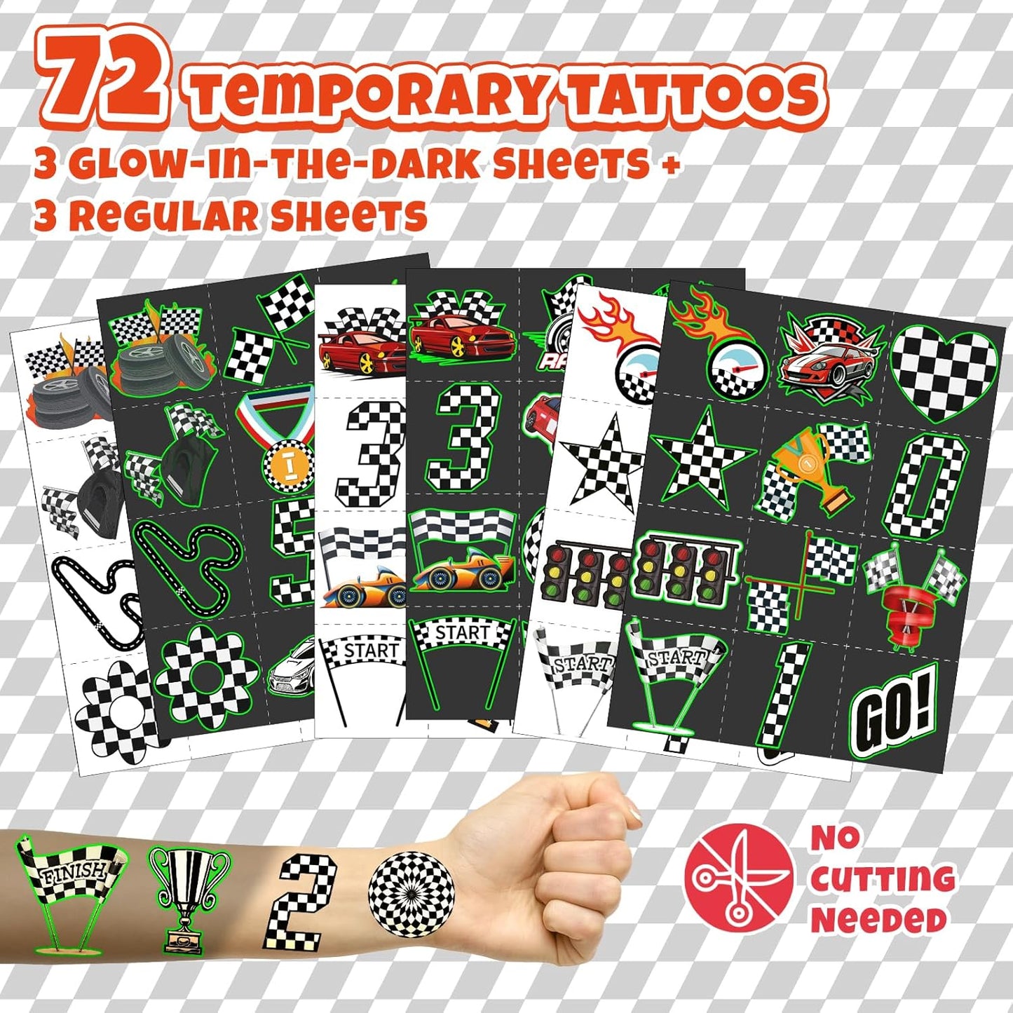 96 PCS Checkered Flags Party Favors Set – 72 Pre-Cut Temporary Tattoos & 24 Slap Bracelets for Kids, Perfect for Racing Birthday Parties, Car-Themed Celebrations & Classroom Rewards