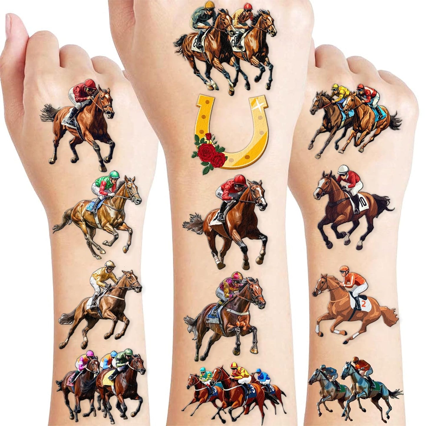 96 PCS Kentucky Derby Pre Cut Temporary Tattoos - Run For The Roses Horse Racing Fake Tattoos for Kids & Adults, Birthday Party Favors, Supplies & Classroom Prizes