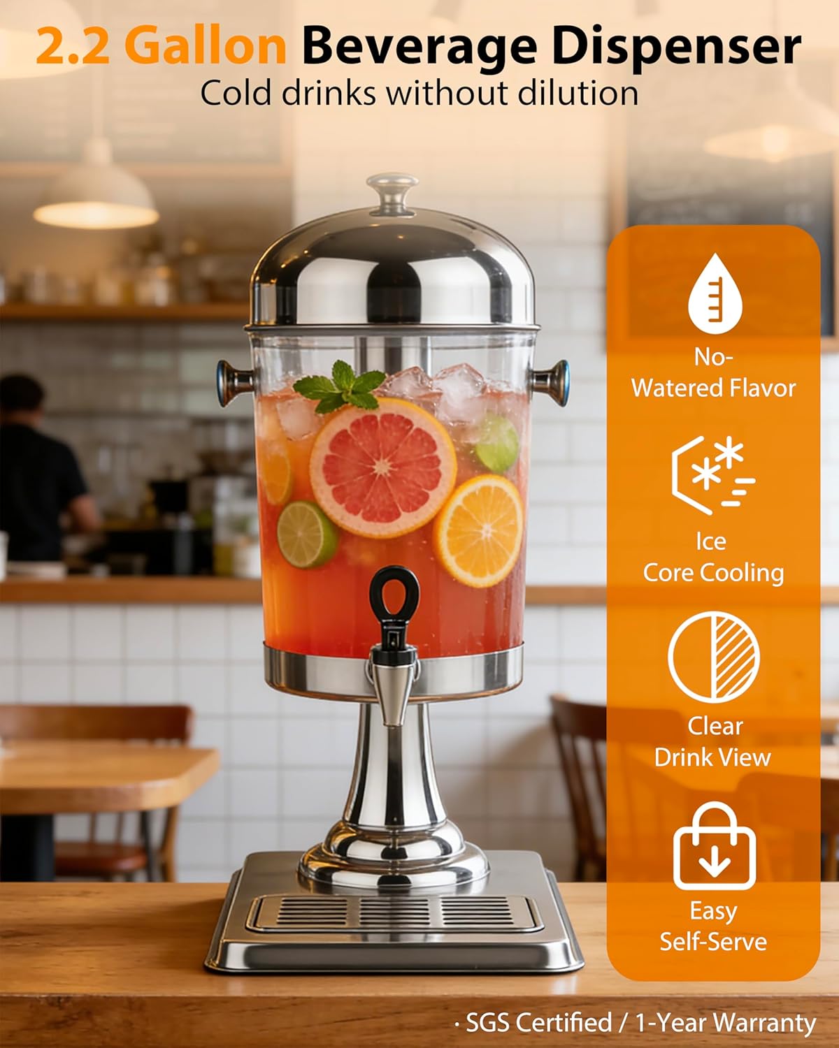 Beverage Dispenser with Stand,2 Gallon Drink Dispenser for Parties,Events,Buffet &Self-Serve,Dual Ice Tube Core Fruit Infuser,Leakproof Spigot,Clear PC Container,Stainless Steel Lid&Base