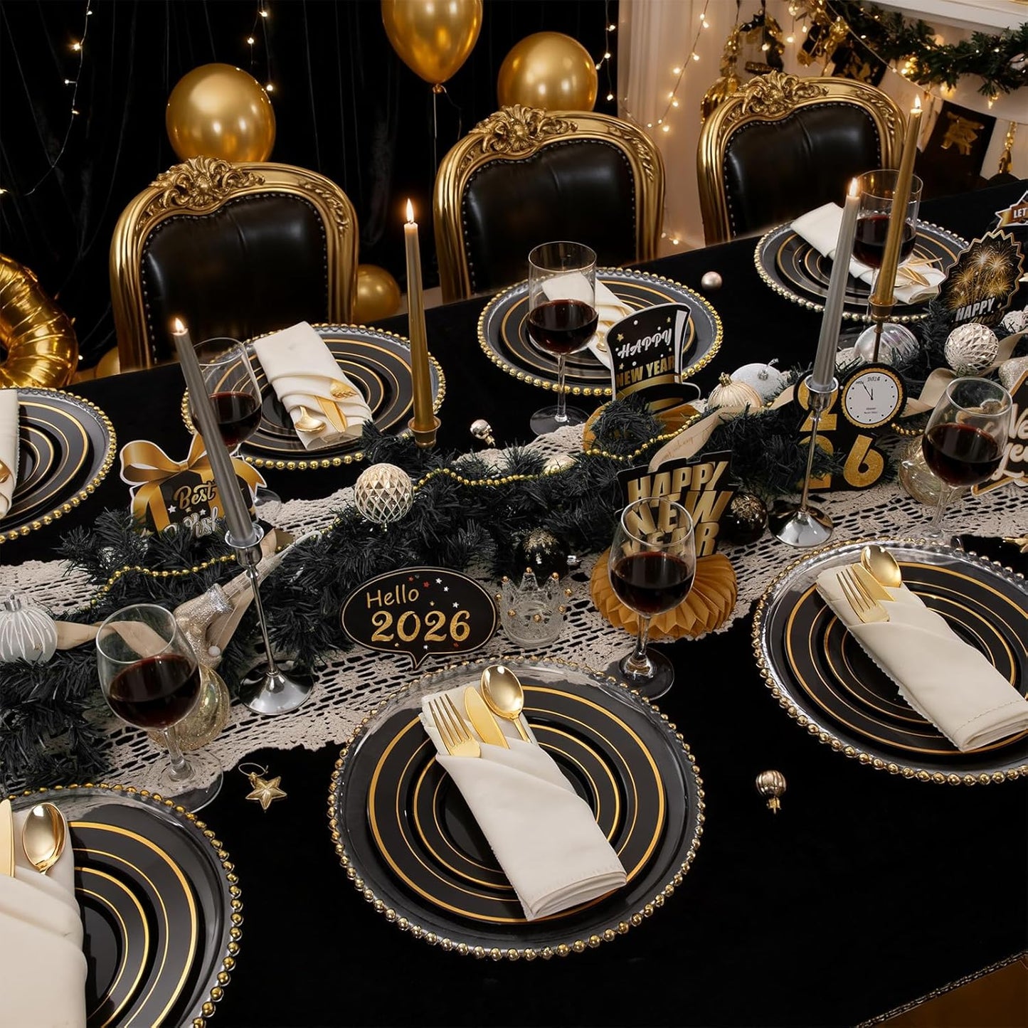 350 Pieces Black and Gold Plastic Plates with Disposable Silverware, Include 50 Dinner Plates 9”, 50 Dessert Plates 6.3”, 50 Black Cups 9 OZ, 50 Pre Rolled Napkins for Wedding Party Graduation