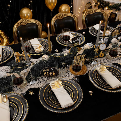 350 Pieces Black and Gold Plastic Plates with Disposable Silverware, Include 50 Dinner Plates 9”, 50 Dessert Plates 6.3”, 50 Black Cups 9 OZ, 50 Pre Rolled Napkins for Wedding Party Graduation