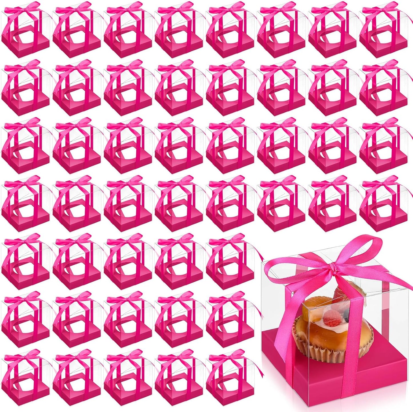 Thenshop 50 Pcs Clear Cupcake Boxes Individual 3.5 Inch Plastic Single Cupcake Containers Boxes with Inserts and Ribbon Individual Cake Storage Holders for Cake Kitchen(Dark Blue)