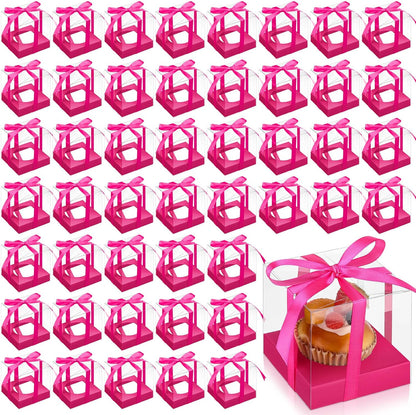 Thenshop 50 Pcs Clear Cupcake Boxes Individual 3.5 Inch Plastic Single Cupcake Containers Boxes with Inserts and Ribbon Individual Cake Storage Holders for Cake Kitchen(Dark Blue)
