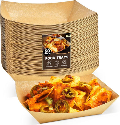 ZORRITA 3 Lb Paper Food Trays - 50 Pack Disposable Nacho Trays, Kraft Paper Food Boats Taco Holders Party Serving Baskets for Hot Dogs Snacks Tacos Fries