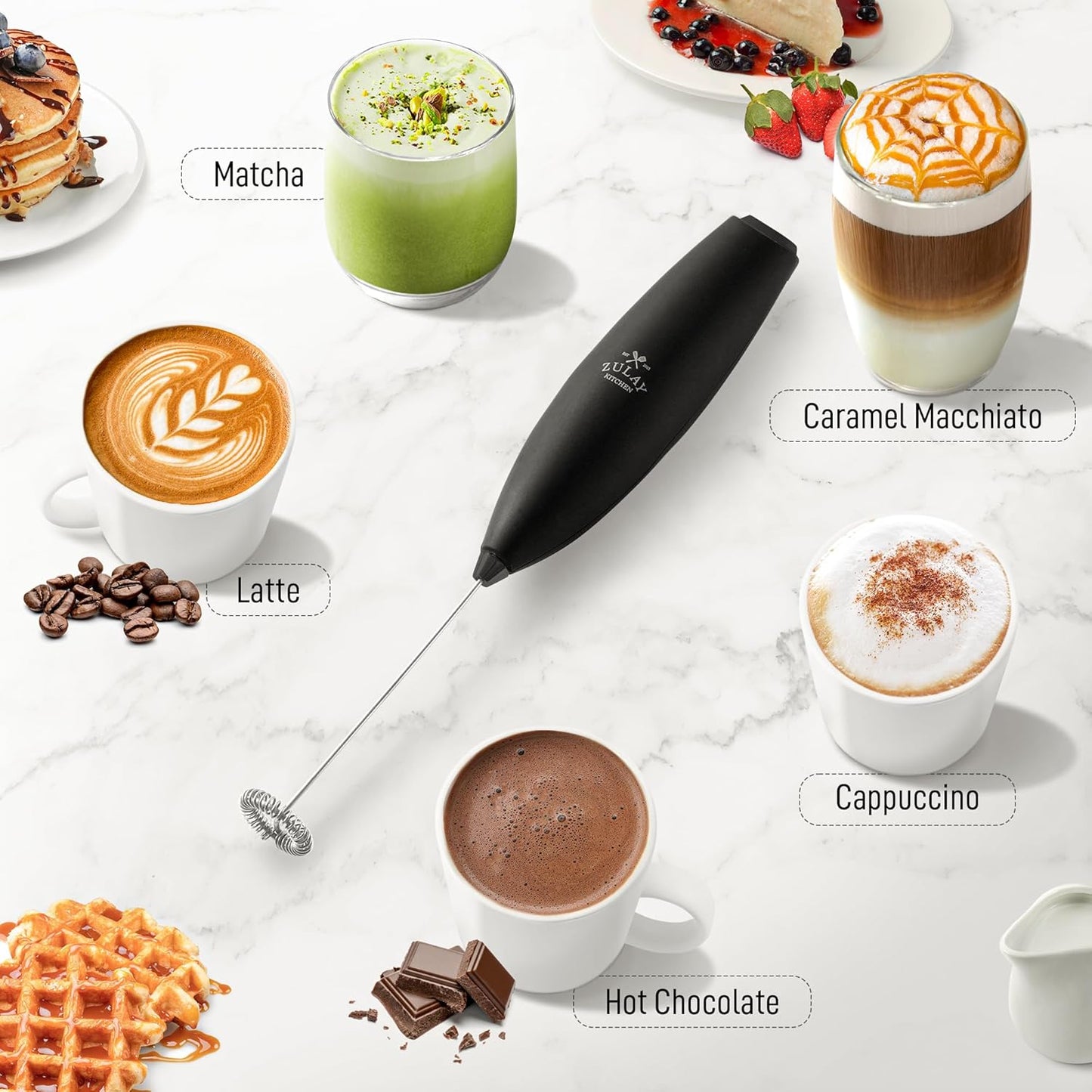 Zulay Kitchen Powerful Milk Frother AA Batteries Included – Ultra Fast Handheld Drink Mixer with Stainless Steel Whisk Stirrer for Coffee, Protein, Matcha & More, Frother Wand Electric Frothmate Black - Colors E