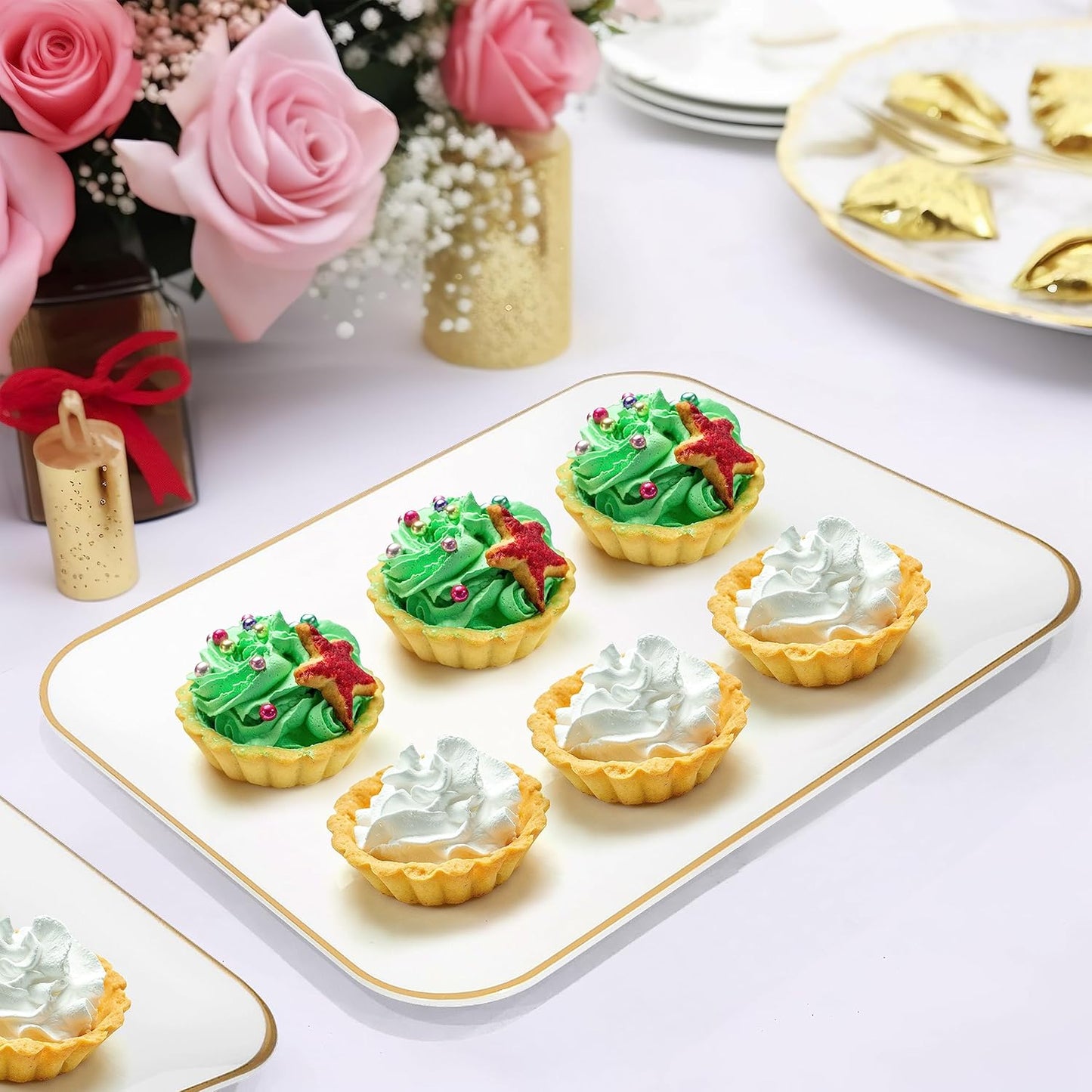 3 Pack Plastic Serving Trays for Party - Gold Serving Tray 8 x 11 Inch - Heavy Duty Dessert Trays for Food - Rectangular Party Serving Trays for Entertaining - Clear Cookie Platters