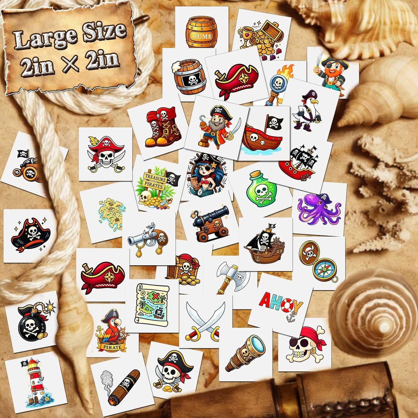 Ozepao 100 Pcs Pirate Temporary Tattoos for Kids,（2'' x 2''）Individually Wrapped Tattoos, Pirate Ship Nautical Themed Birthday Decorations, Party Favors Supplies