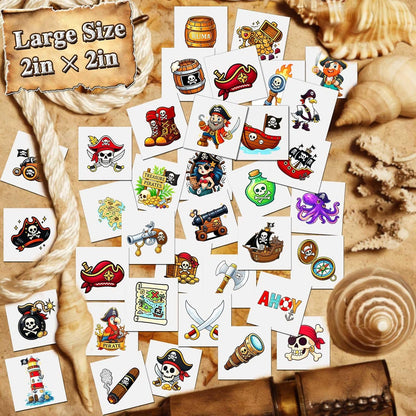 Ozepao 100 Pcs Pirate Temporary Tattoos for Kids,（2'' x 2''）Individually Wrapped Tattoos, Pirate Ship Nautical Themed Birthday Decorations, Party Favors Supplies