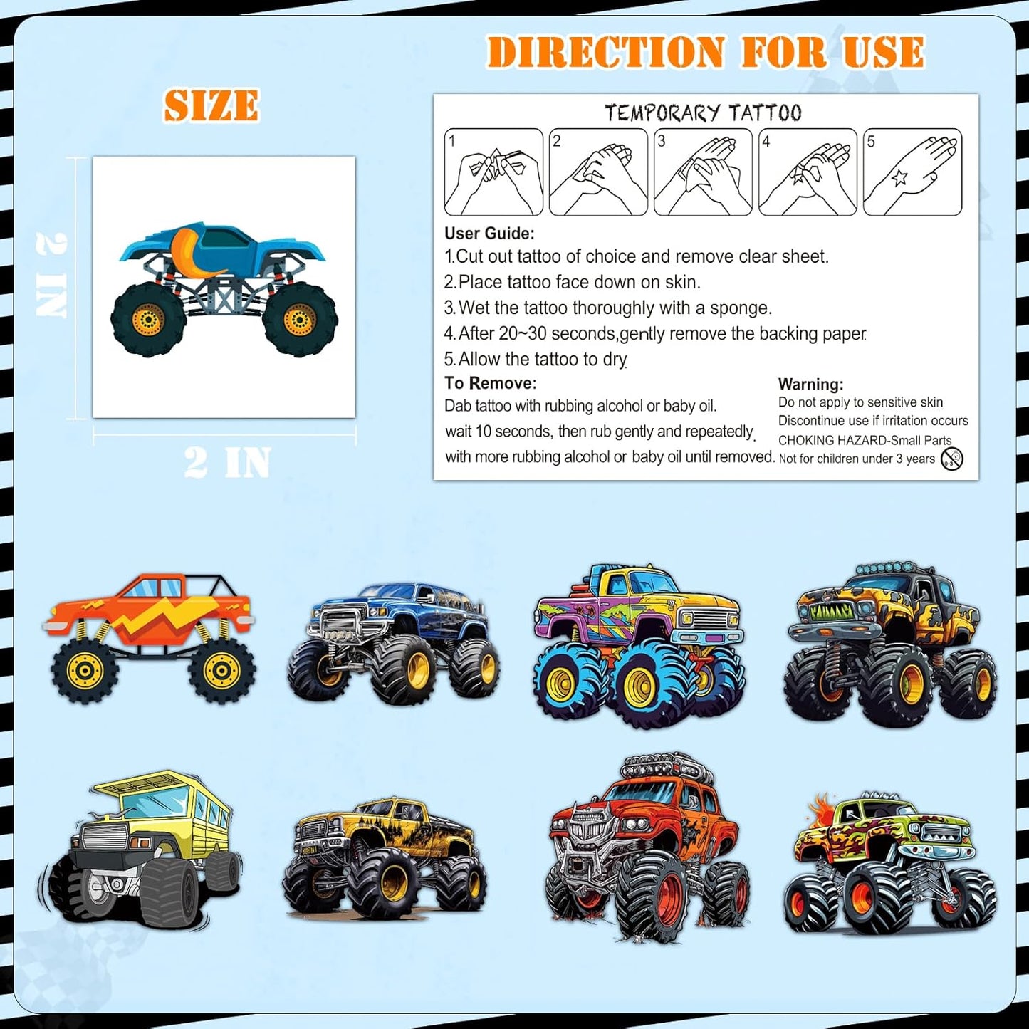 100 Pcs Monster Truck Temporary Tattoos for Kids, （2'' x 2''）Individually Wrapped Tattoos, Car Themed Birthday Decorations, Party Favors Supplies