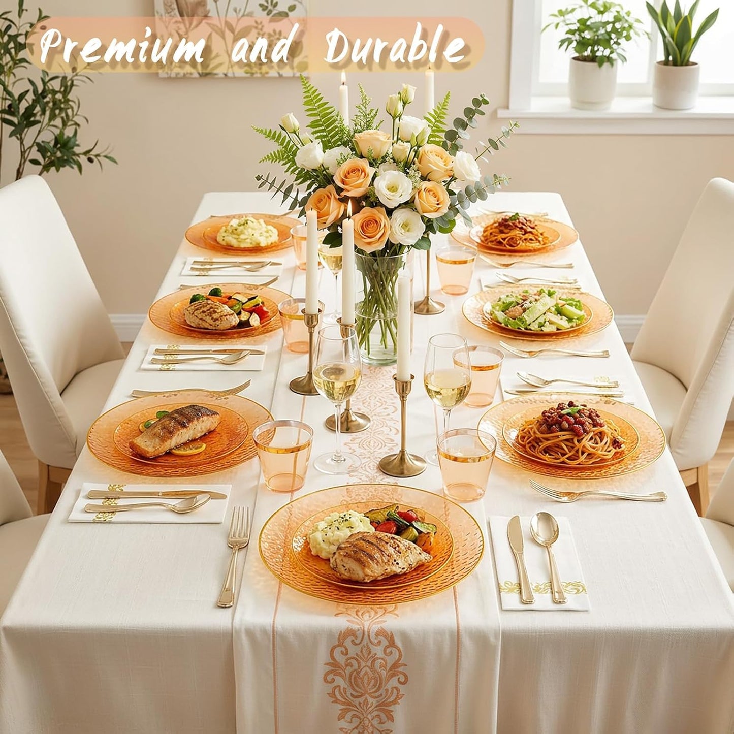 Rubtlamp 350 Pcs Clear Blue Plastic Plates, Blue Gold Plastic Dinnerware Set (50 Guests), Blue Disposable Plates With Gold Rim, Hammered Party Plates Set for Wedding And Party