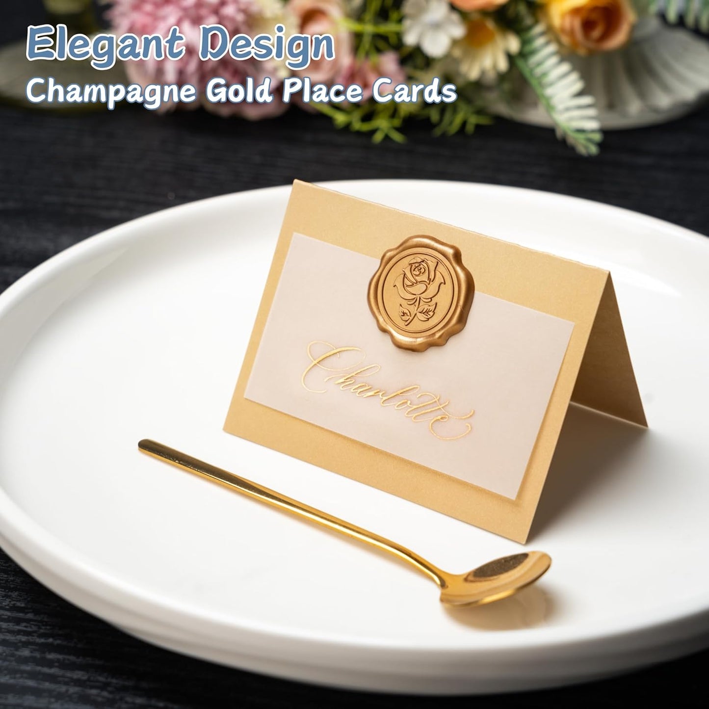 25 Pack Name Cards for Table Setting, Printable Place Cards with Antique Gold Rose Wax Seal Sticker for Wedding, Table Tent Card Stock Decor for Party, Dinner, Home(Pearlized Champagne Gold)