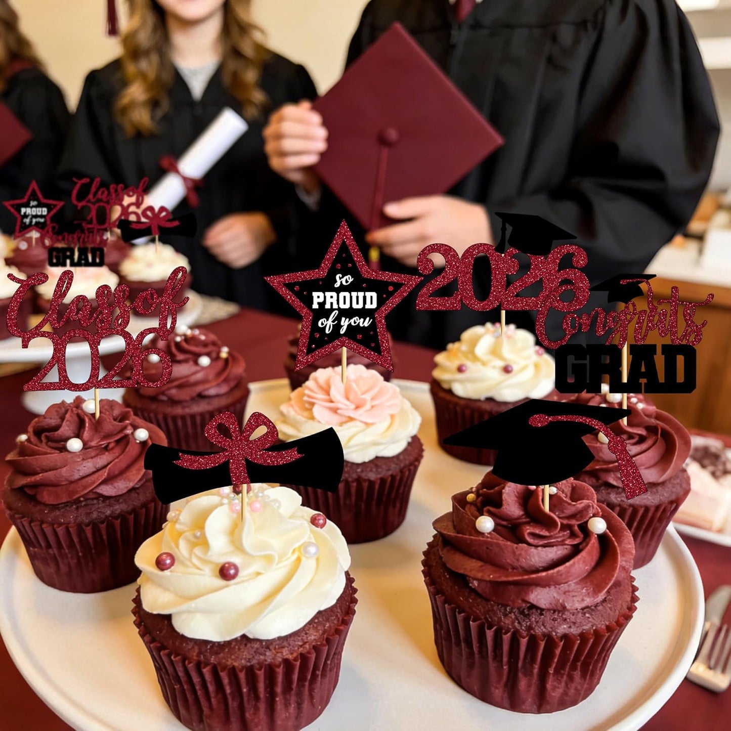 48 PCS Graduation Cupcake Toppers, Glittery 6 Styles Congrats Grad Cake Topper, Black and Red Graduation Decorations 2026, Cap and Diploma Cake Picks for Grad Party Supplies