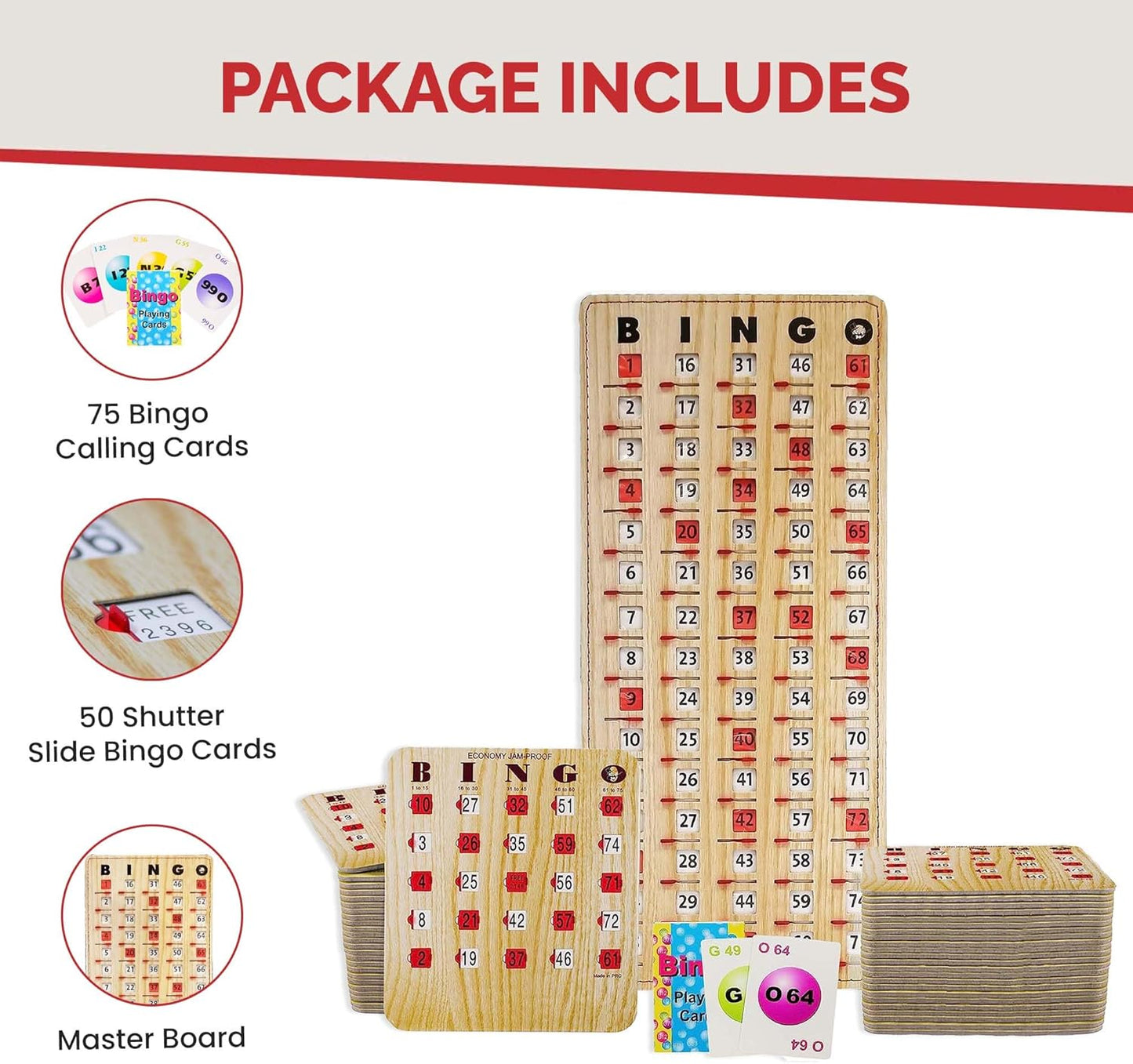 MR CHIPS Jam-Proof Bingo Cards with Sliding Windows, 25 Reusable Shutter Cards, 75 Calling Cards 1 Master Board in Tan Woodgrain Style