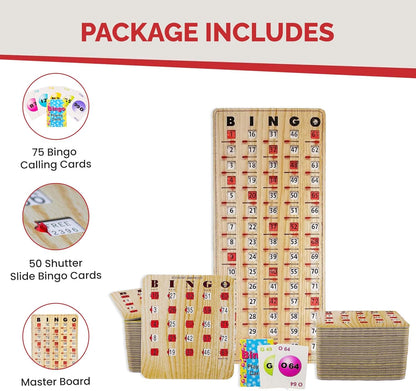 MR CHIPS Jam-Proof Bingo Cards with Sliding Windows, 25 Reusable Shutter Cards, 75 Calling Cards 1 Master Board in Tan Woodgrain Style