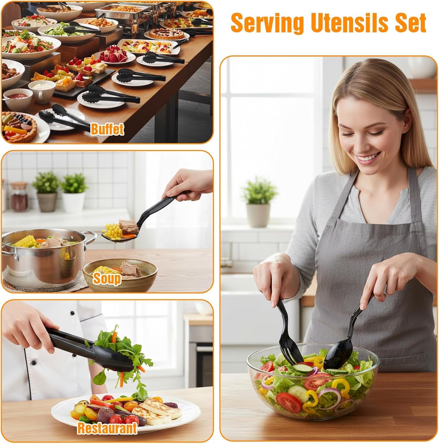 36Pcs plastic serving utensils serving utensil Set Servings Utensils Disposable Black Include 6.3"Plastic Servings 9.75"Servings Spoons 9.75"Servings Forks for 12 sets for Dinner Parties