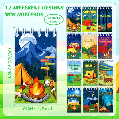 24PCS Camping Party Favors Camper Adventure Mini Spiral Notepads Candy Wild Adventure Camping Small Notebooks for Kids Summer Sleepaway Party Favors Forest Nature Hiking Party Gifts