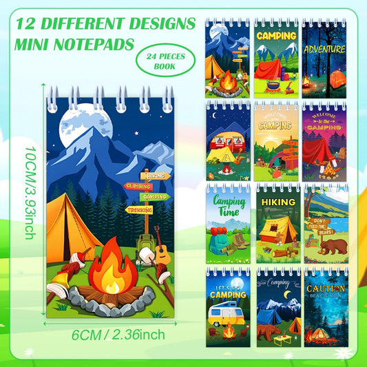 24PCS Camping Party Favors Camper Adventure Mini Spiral Notepads Candy Wild Adventure Camping Small Notebooks for Kids Summer Sleepaway Party Favors Forest Nature Hiking Party Gifts
